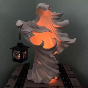 Halloween Witch Ghost Sculpture Resin Lantern Home Statue Garden Light Decor