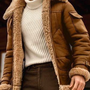 Shearling Coats for Men - Vintage Handmade Brown Real Leather Winter Pilot Hooded Fur Jacket