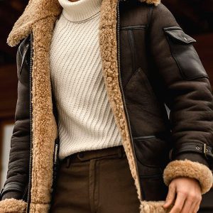 Men's Shearling Leather Coat Camel Bomber Aviator Fur Pilot Hooded Brown Real Leather Winter Jacket Handmade Vintage Stylish Flying Coat