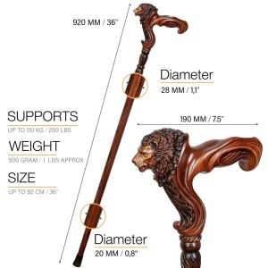 Lion’s Head Wooden Walking Stick Cane - Palm Grip Ergonomic Handle