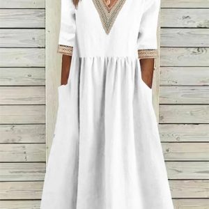 White Dresses Plus Size Women's Lace V Neck Half Sleeve Pocket Cotton Linen A-line Dress