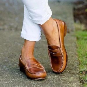 Women Vintage Slip On Loafers Low Heel Pu Leather Loafers