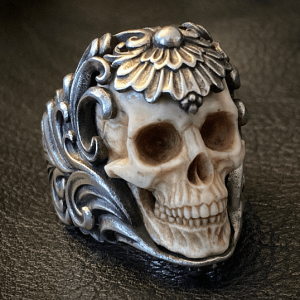 Vintage Polish Floral Armor Antler Skull Ring