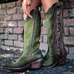 Knee High Fringed Cowboy Boots Retro Western Boots For Women Vintage Block Heel Boots