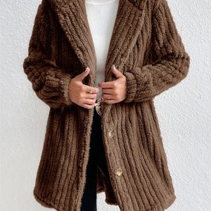 Women's Mid-length Double Sided Plush Button Hooded Coat