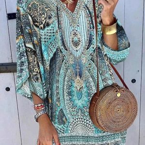Boho V-neck Long Sleeve Printed Casual Dress