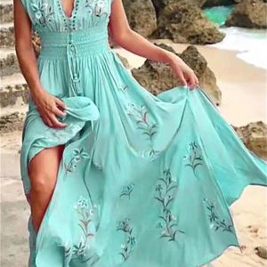 Women's Bohemian V Neck Chiffon Flowy Vacation Dress