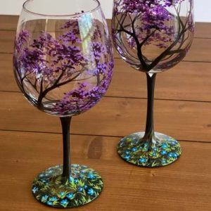 Four Seasons Tree Wine Glasses - Hand Painted Art - Spring