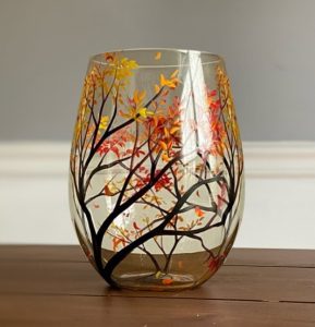 Four Seasons Tree Wine Glasses - Hand Painted Art - Autumn