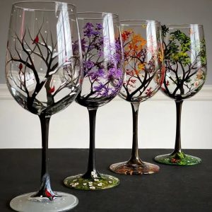 Four Seasons Tree Wine Glasses - Hand Painted Art - 4PCS