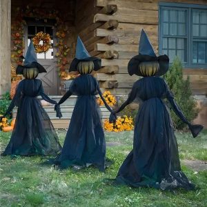 Halloween Decorations Outdoor - Large Light Up Holding Hands Screaming Witches Sound-Activated Sensor (Set of 3)