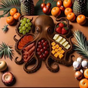 Octopus Charcuterie Platter Wooden Serving Board - Unique Home Decor, Party Tray (27x27x2cm)