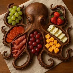 Octopus Charcuterie Platter Wooden Serving Board - Unique Home Decor, Party Tray (27x27x2cm) - Octopus Fruit Plate B