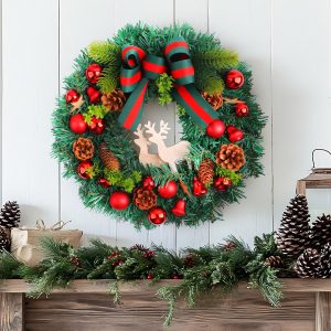 Classic Christmas Pine Wreath with Wooden Reindeer and Red Ornaments