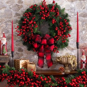 Classic Red Plaid Bow Christmas Wreath - 16 Inch