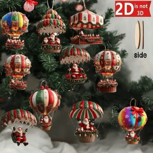 10-Piece Christmas Wooden Ornament Set | Flat 2D Printed Santa Theme Pendants