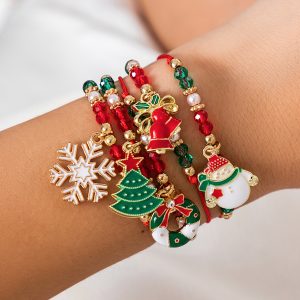5-Piece Christmas Charm Bracelet Set - Adjustable Rope with Enamel Pendants