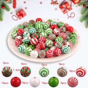 Christmas DIY Wooden Bead Kit - Snowman & Pine Pattern Beads (Assorted Sizes) - 60PCS-1