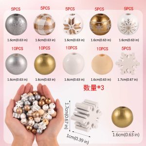 Christmas DIY Wooden Bead Kit - Snowman & Pine Pattern Beads (Assorted Sizes) - 210pcs