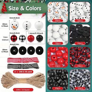 Christmas DIY Wooden Bead Kit - Snowman & Pine Pattern Beads (Assorted Sizes) - 80pcs-1