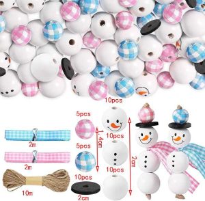 Christmas DIY Wooden Bead Kit - Snowman & Pine Pattern Beads (Assorted Sizes) - 50pcs-4