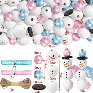 Christmas DIY Wooden Bead Kit - Snowman & Pine Pattern Beads (Assorted Sizes) - 50pcs-4