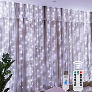 USB Powered LED Curtain String Lights with Remote - 8 Modes - White lights