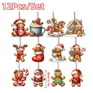 12PCS Gingerbread Man & Christmas Character Hangings - PVC Ornament Set - Style 3