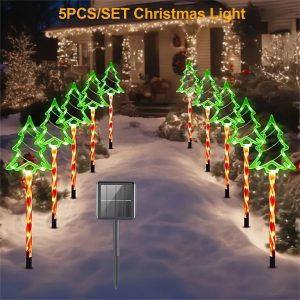 5PC Solar Christmas Tree & Candy Cane Pathway Lights - IP65 Waterproof LED Set