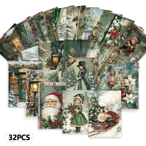 32PCS Vintage Christmas Postcards Set - Green Retro Holiday Collection