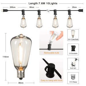 LED Outdoor Dimmable String Lights - Shatterproof & Weatherproof - 7.6M 10sockets