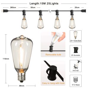 LED Outdoor Dimmable String Lights - Shatterproof & Weatherproof - 15m 25sockets