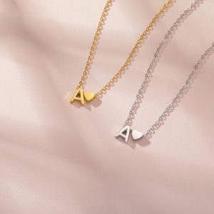 Initial Letter Mini Heart Pendant Necklace - Stainless Steel A-Z Choker - P