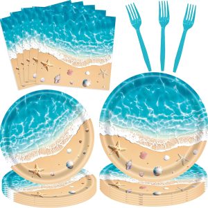 100 Pcs Christmas Disposable Dinnerware Set for 25 Guests – Paper Plates (9" & 7"), Napkins, and Forks - Summer Beach