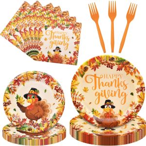 100 Pcs Christmas Disposable Dinnerware Set for 25 Guests – Paper Plates (9" & 7"), Napkins, and Forks - Turkey