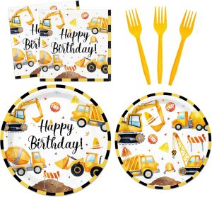 100 Pcs Christmas Disposable Dinnerware Set for 25 Guests – Paper Plates (9" & 7"), Napkins, and Forks - Construction Truck