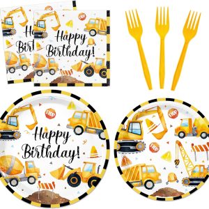 100 Pcs Christmas Disposable Dinnerware Set for 25 Guests – Paper Plates (9" & 7"), Napkins, and Forks - Construction Truck