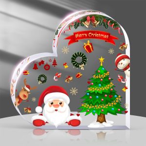 Heart-Shaped Acrylic Christmas Desktop Ornament - Santa & Reindeer Design