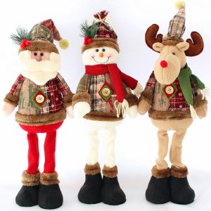 Set of 3 Plush Christmas Dolls - Extendable Legs Santa, Snowman & Reindeer