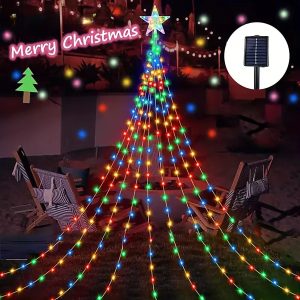 Solar Christmas Tree Waterfall Star String Lights - 8 Modes Outdoor Decoration