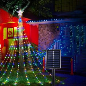 Solar Christmas Tree Waterfall Star String Lights - 8 Modes Outdoor Decoration - Multicolor