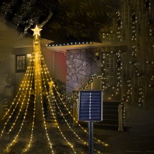 Solar Christmas Tree Waterfall Star String Lights - 8 Modes Outdoor Decoration - Warm White