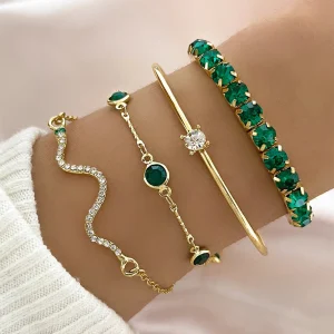 4PCS Stackable Bracelet Set - Rhinestone Snake & Green Crystal Charm Bangle