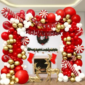 156PCS Christmas Candy Cane Balloon Arch Kit - Red, Gold & White Garland