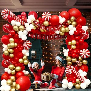 156PCS Red & Gold Balloon Arch Kit - DIY Christmas Candy Cane Party Decor