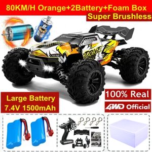 1:16 Scale High Speed RC Off-Road Racing Truck - 4WD Remote Control Toy - 80KM Orange 2Battery