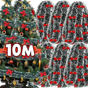 Classic Christmas Tinsel Garland and Red Bow Set - Festive Tree Hanging Decorations