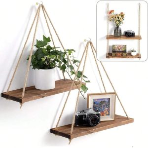 Wood Hanging Rope Floating Shelves - Wall Mounted Storage for Plants & Decor