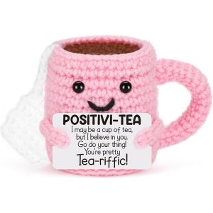 Handmade Crochet Cat Doll with Positive Message Card - Desktop Ornament Gift by Tegooe - Tea Cup