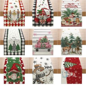 Buffalo Plaid Christmas Table Runner with Gnome Print, Linen Holiday Tablecloth for Dining Decor (33x180cm)